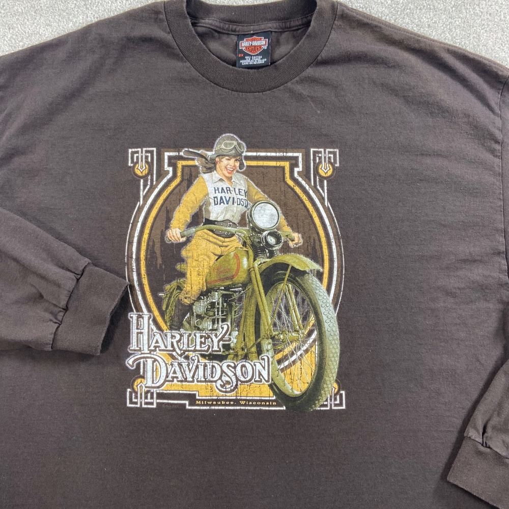 Harley Davidson Long Sleeve Shirt Mens 2XL Brown Hollywood California Graphic